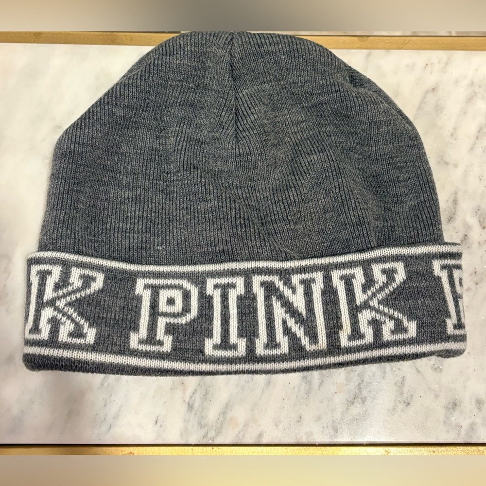 PINK by Victoria's Secret Beanie Knit Hat Cuffed Cap Charcoal Gray & White Logo